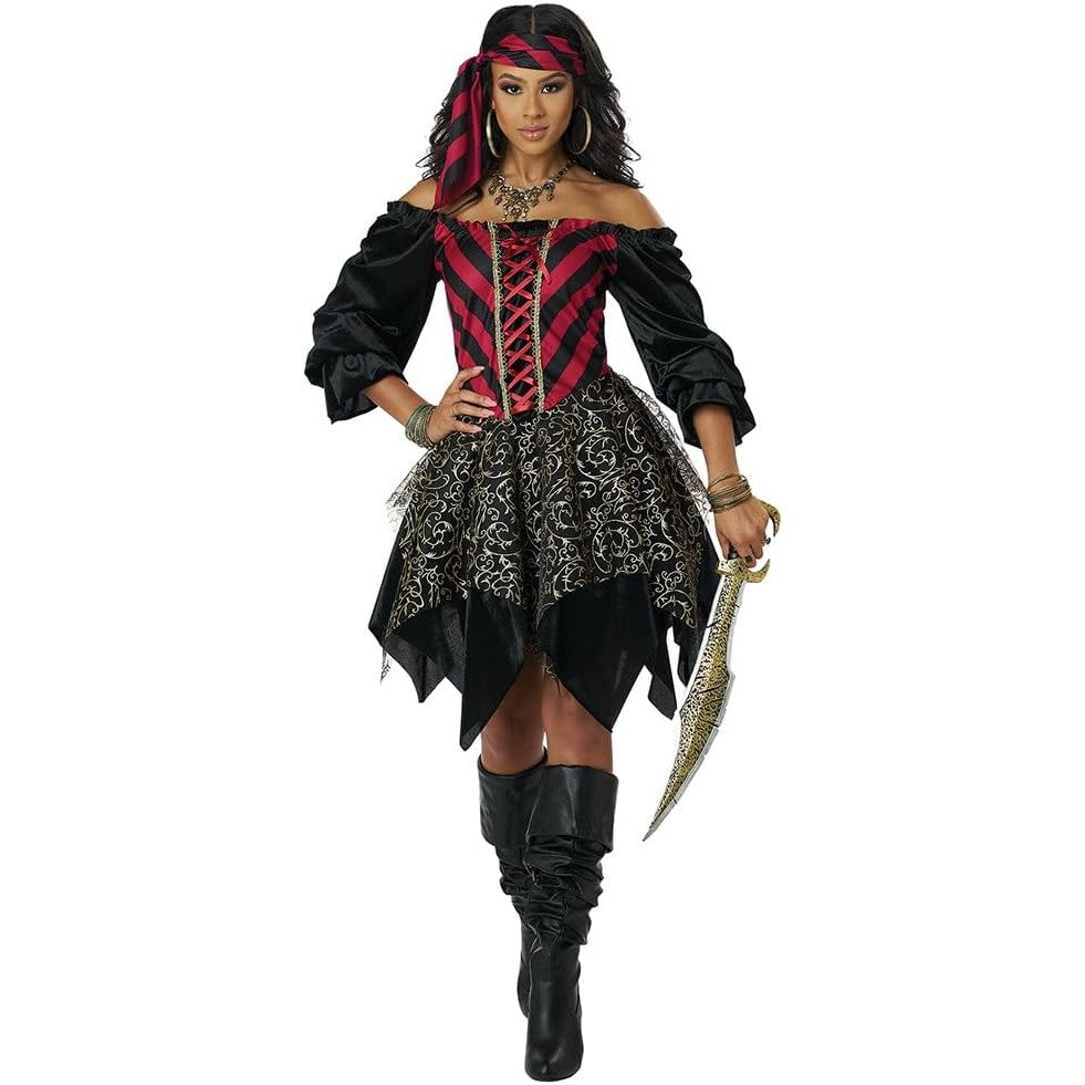 Captivate the crowd in the Glimmering Sea Pirate Women's Costume, a stunning ensemble featuring a dazzling combination of sequins and lace, perfect for your next seafaring adventure