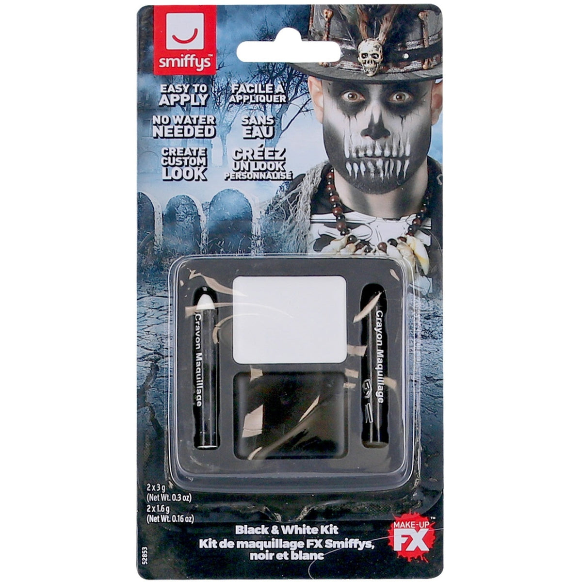 Smiffy's black and white makeup kit packaging with a person wearing a skeleton costume.
