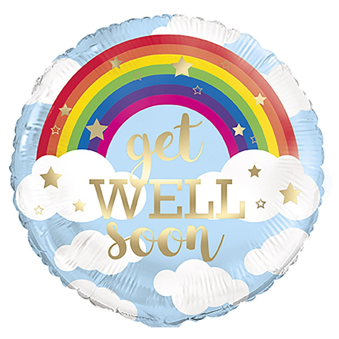 Get Well Soon Rainbow & Clouds Gold Script Round Foil Balloon