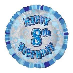 Happy 8th Birthday Blue Glitz Round Foil Balloon - 45cm