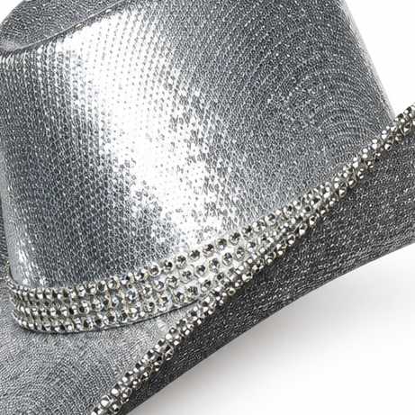 A silver sequined cowboy hat with rhinestone-embellished trim on the brim and crown band, shown on a plain white background.