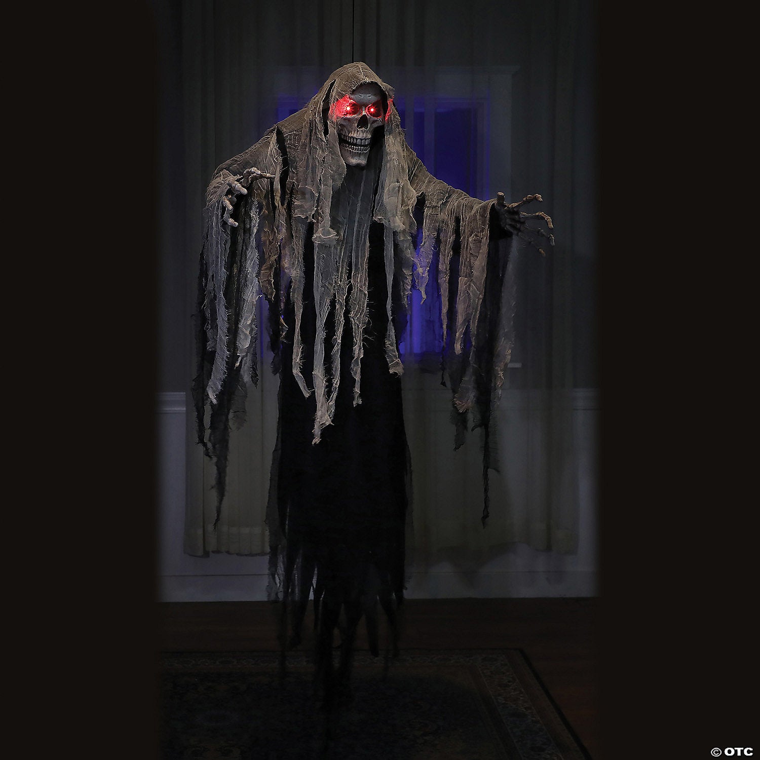 6 Ft Hanging Reaper with Glowing Eyes and Tattered Robe for Halloween Decor