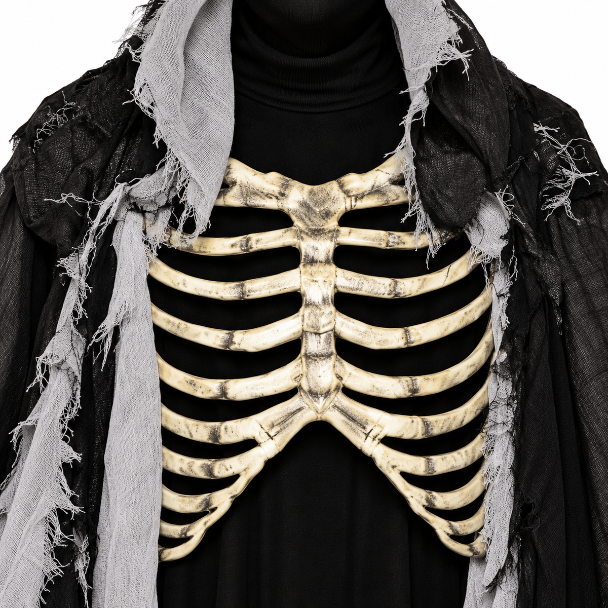 A Halloween costume accessory featuring a realistic, weathered-looking rib cage in beige and black, displayed on a black turtleneck and draped in a tattered black cloak with gray fabric.