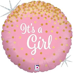 It's A Girl Pink & Gold Confetti Round Foil Balloon 45cm