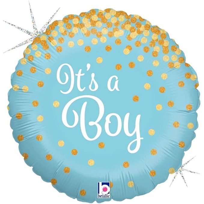 It's A Boy Blue & Gold Confetti Round Foil Balloon 45 cm