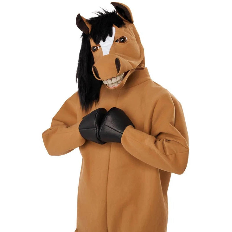 A person wearing a brown horse costume with a black mane, black gloves, and a white blaze on the forehead, photographed against a plain white background.