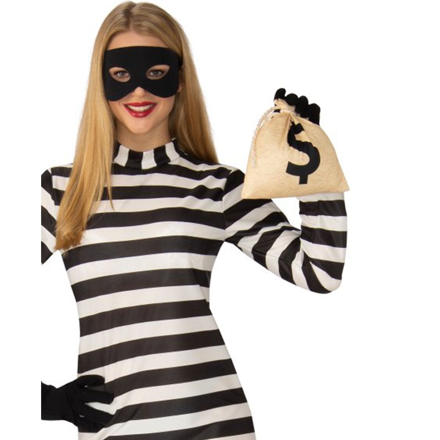 A woman wearing a black and white striped dress and black mask holding a money bag