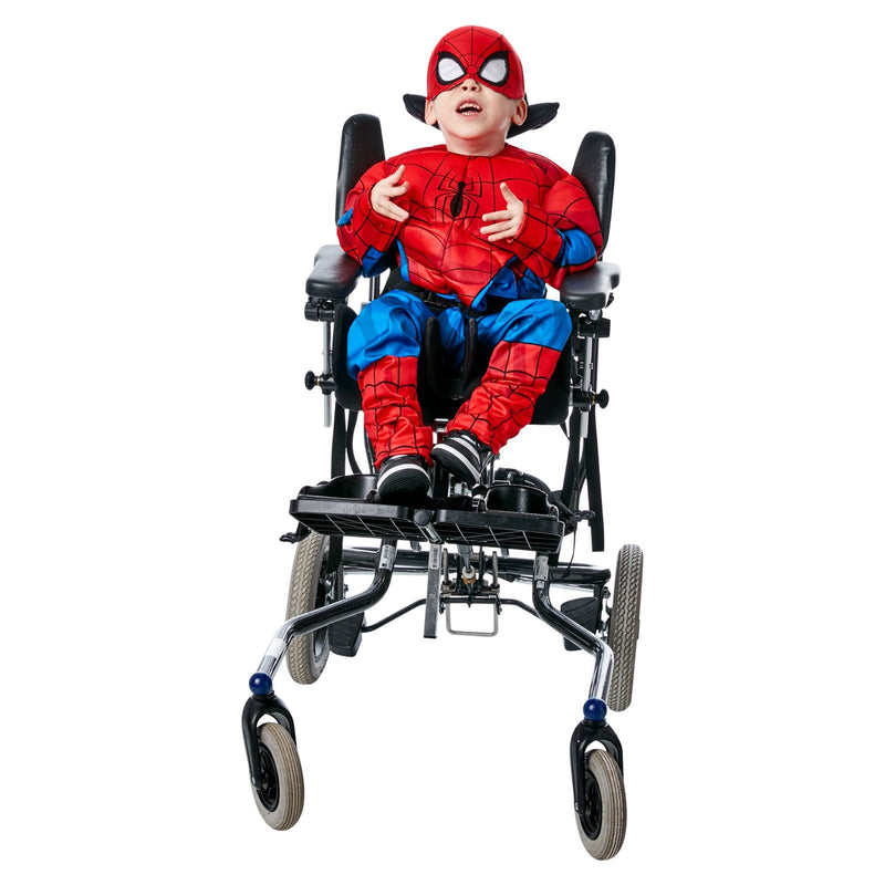 A red and blue superhero costume with Spider-Man logo