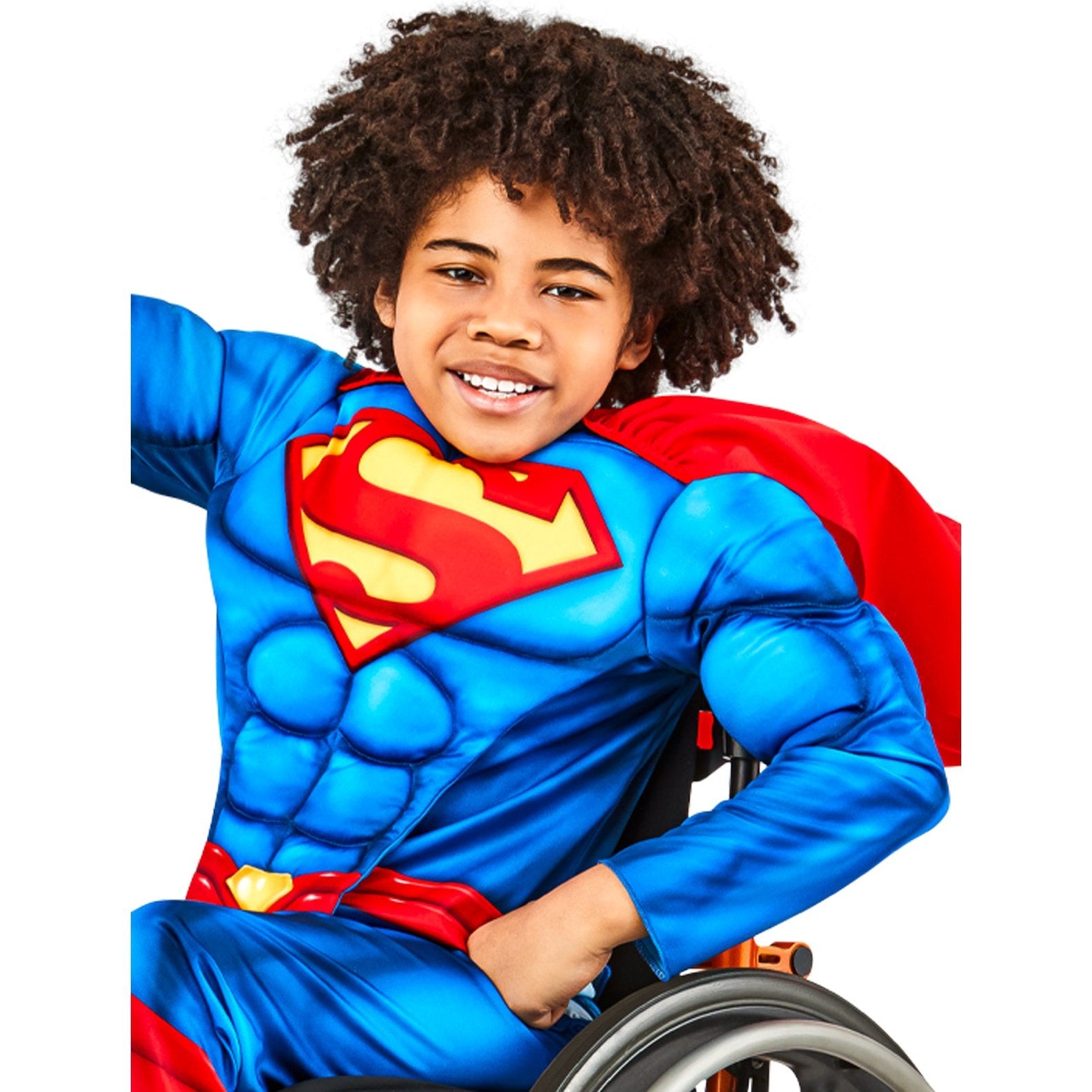 Blue and red superhero outfit with cape and logo