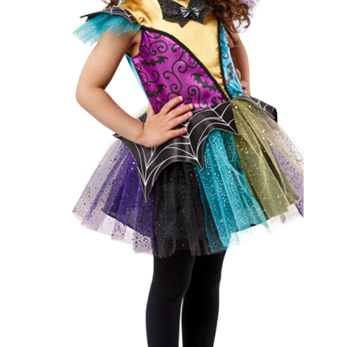 Child wearing a colorful Halloween costume with purple, green, and black accents.