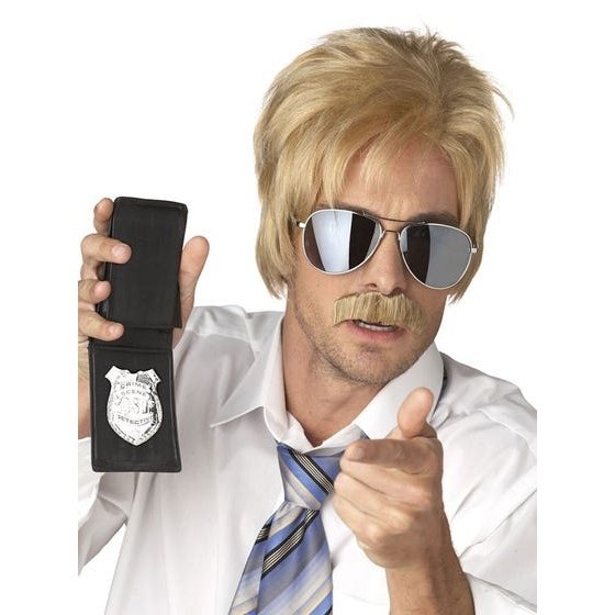 Blonde Ace Detective Costume Wig and Moustache for a complete look