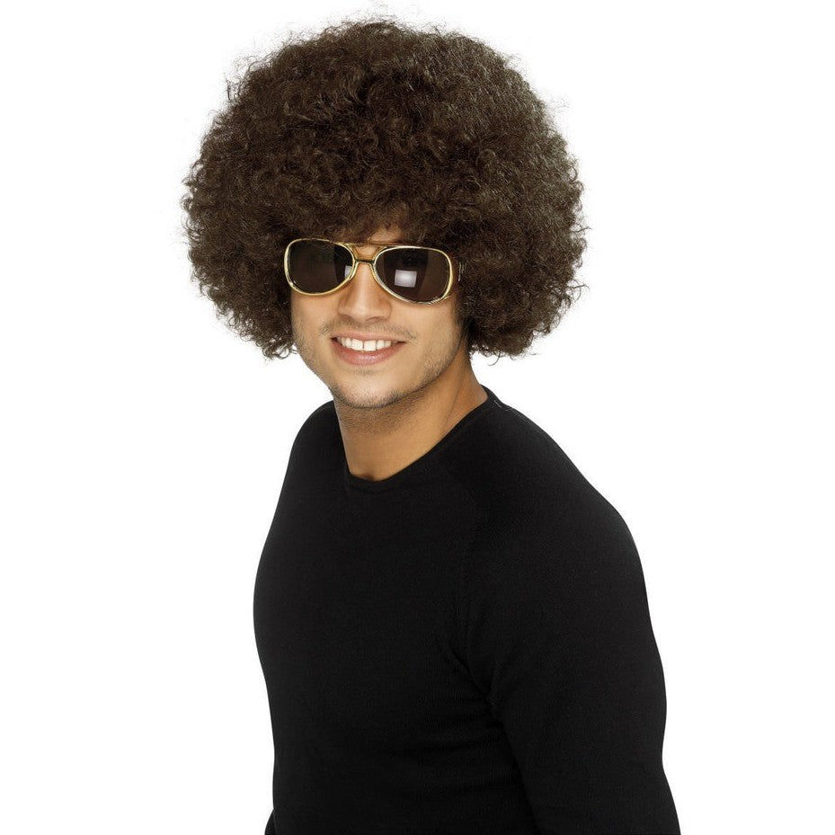 Long brown 70s funky afro wig with curls and volume for costume parties and events