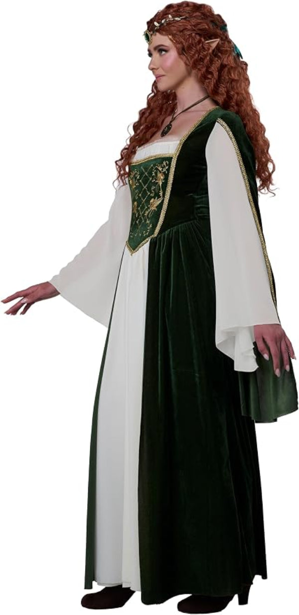 A woman modeling a medieval-style costume dress with a dark green velvet tunic, white long sleeves, and a green panel with gold embroidery on the chest, against a plain white background.
