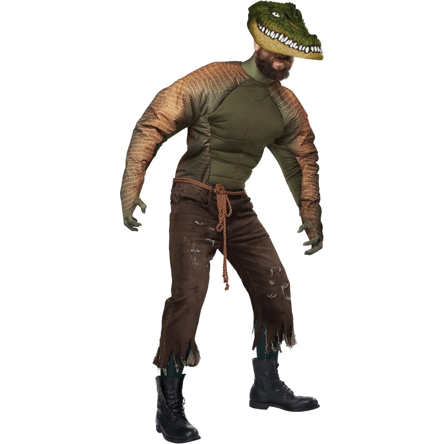 Man wearing Gator Man costume with lifelike claws and detailed scales