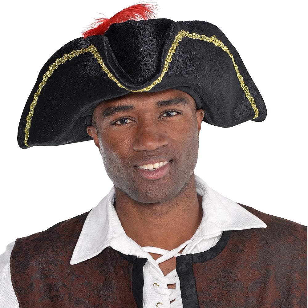 Classic pirate costume accessory, black hat with gold trim and feather
