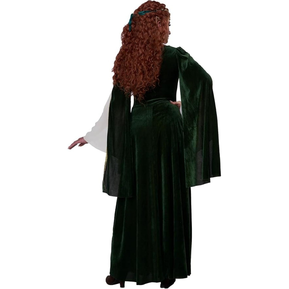 A woman modeling a dark green medieval-style costume dress with long draped sleeves, a black bodice, and a long skirt, shown from the back against a plain white background.