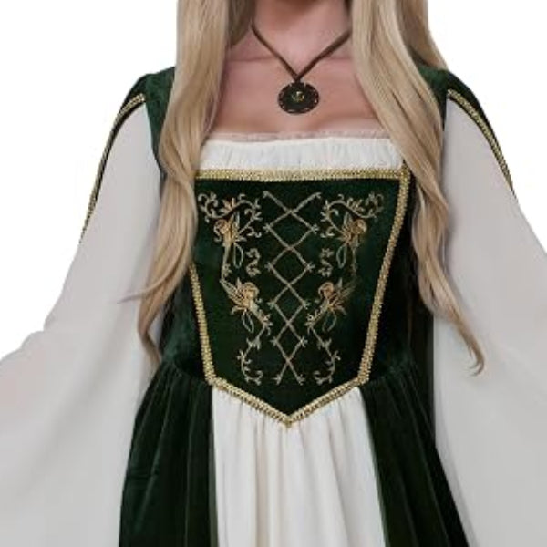 A woman modeling a medieval elf queen costume with a long white dress, dark green velvet cloak, and gold embroidered details, set against a plain white background.