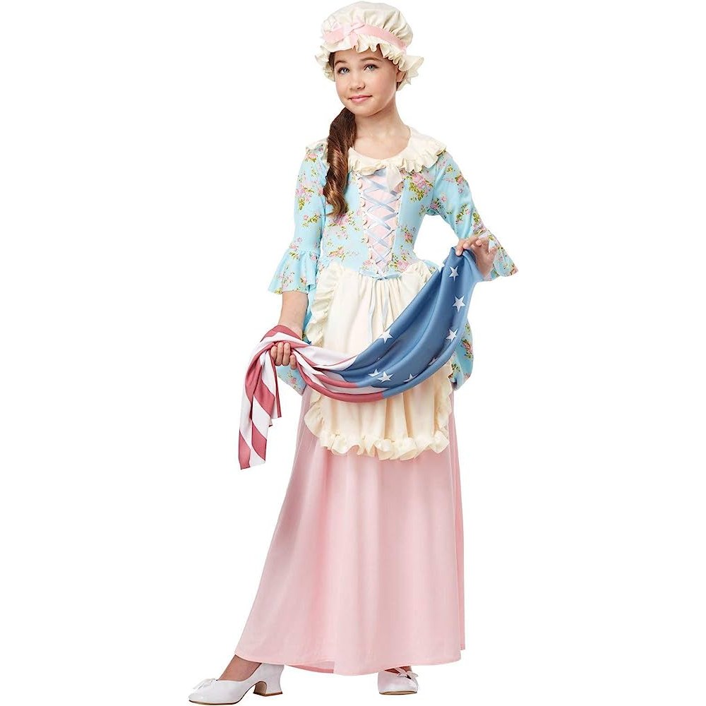 Beautiful colonial olden day Victorian girls costume with intricate details and lace
