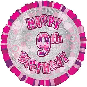 Happy 9th Birthday Pink Glitz Round Foil Balloon - 45cm