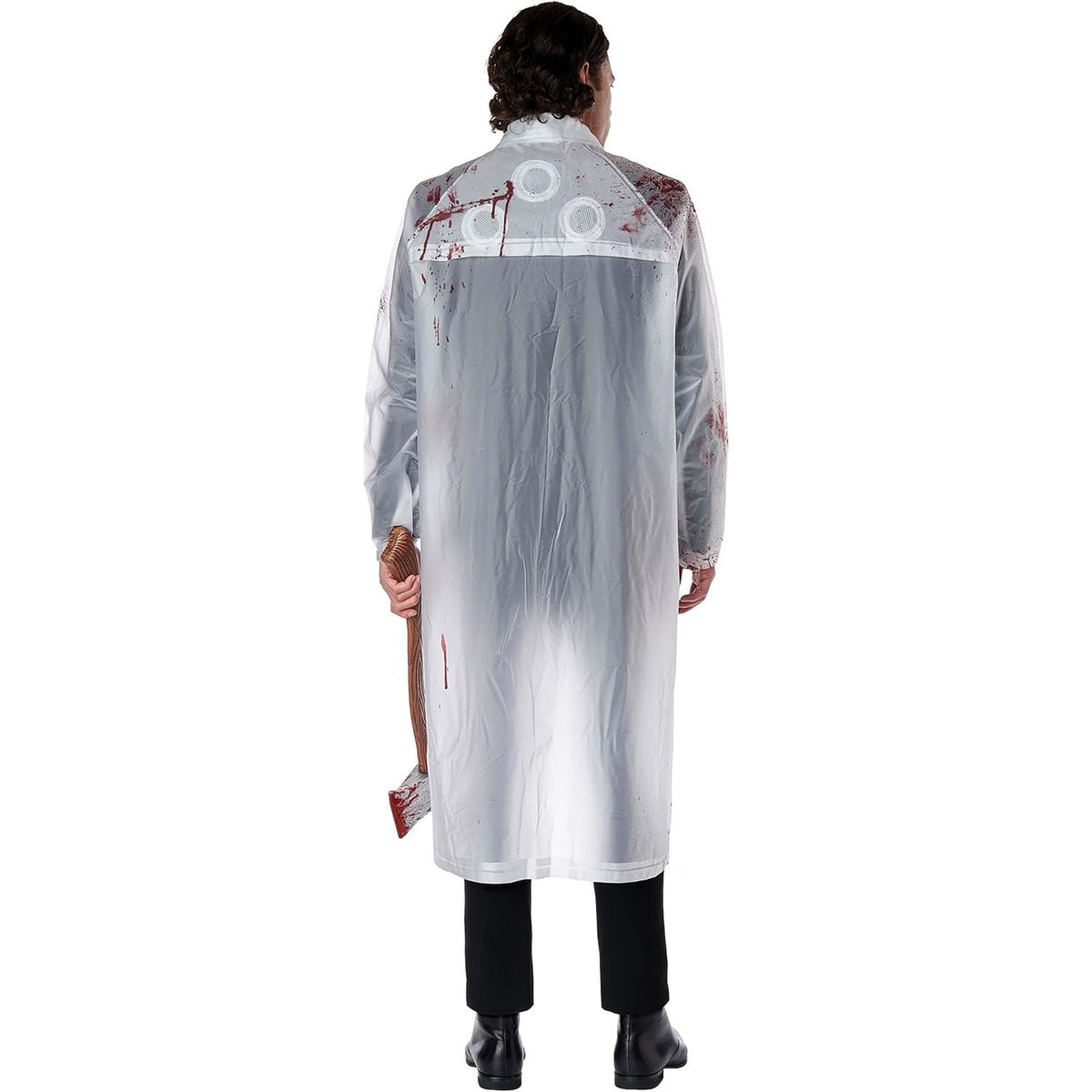 A person shown from the back wearing a long translucent white costume raincoat with printed horror-style graphics and blood splatter details, paired with black pants and black boots, against a plain white studio background.