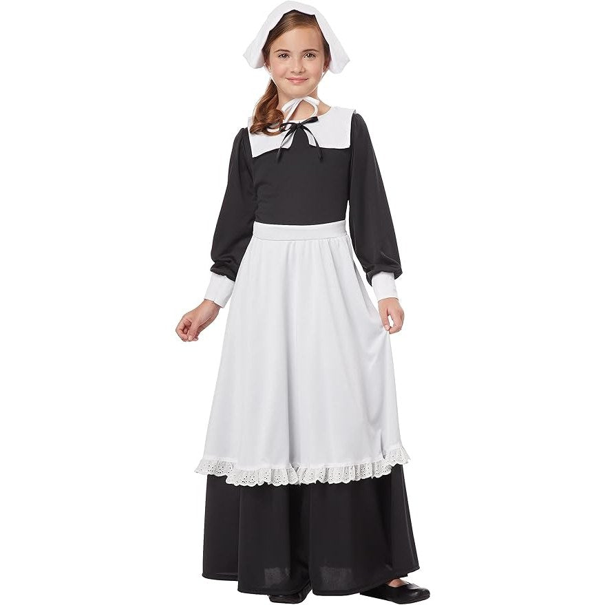 Pilgrim Girl Child Costume featuring black dress, white apron, and bonnet