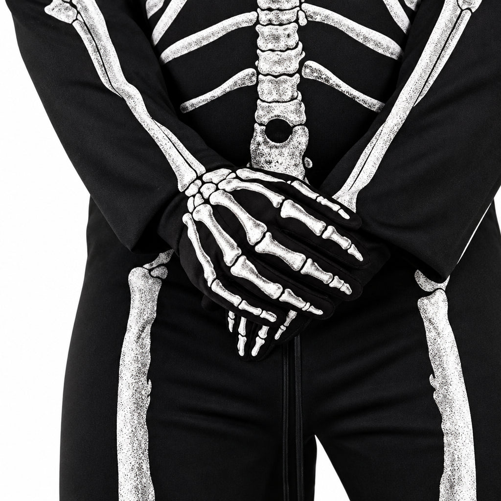 A full-body skeleton costume on a mannequin or model, featuring a black tuxedo-style outfit with white bone graphics across the jacket and legs, a black top hat, black shoes, and a cane against a plain white background.