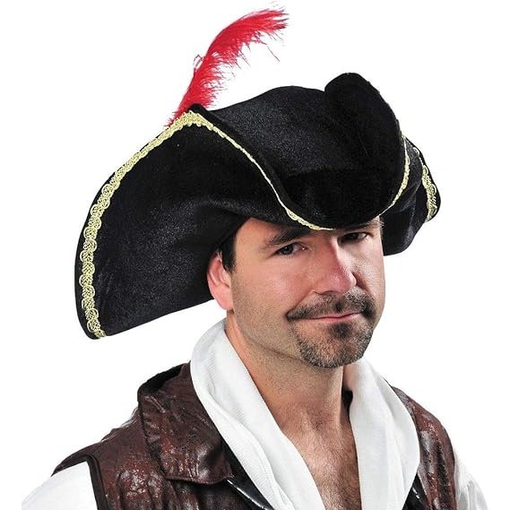 Pirate captain wearing a black buccaneer hat with feather