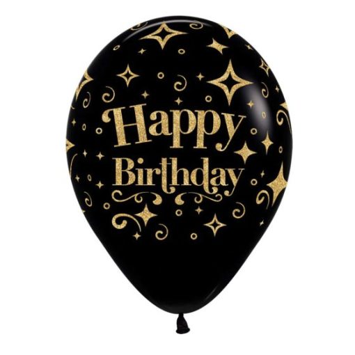 Round Balloon 30cm HBD Glitter Gold and Black, Uninflated