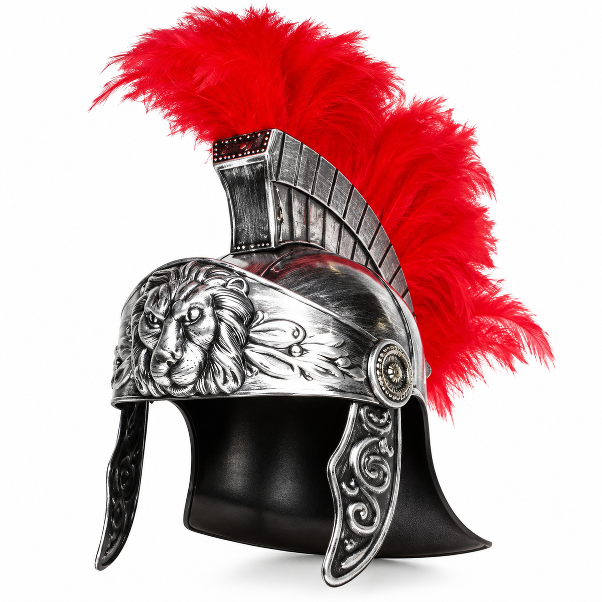 Gladiator Lion Helmet - Red Plume Silver