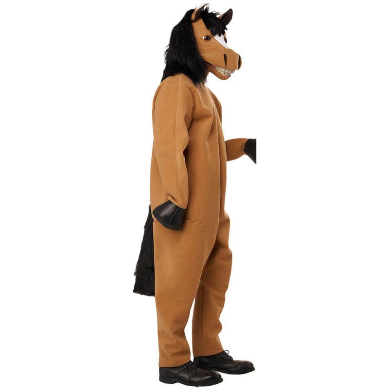 A person wearing a full-body horse costume with a tan/brown body, black mane and tail, and black gloves, standing in profile against a plain white background.