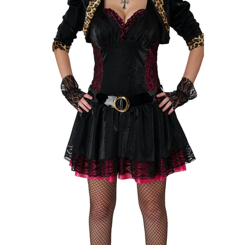A woman modeling a black gothic-style costume dress with red trim, leopard-print shoulder accents, black lace gloves, fishnet stockings, and a black belt with a gold buckle, against a plain white background.