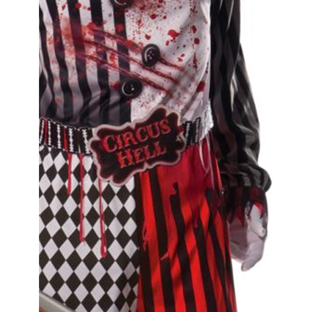 Adult size evil clown costume featuring a sinister smile and blood-stained clothes