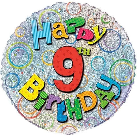 Happy 9th Birthday Multicolour Holographic Round Foil Balloon - 45cm