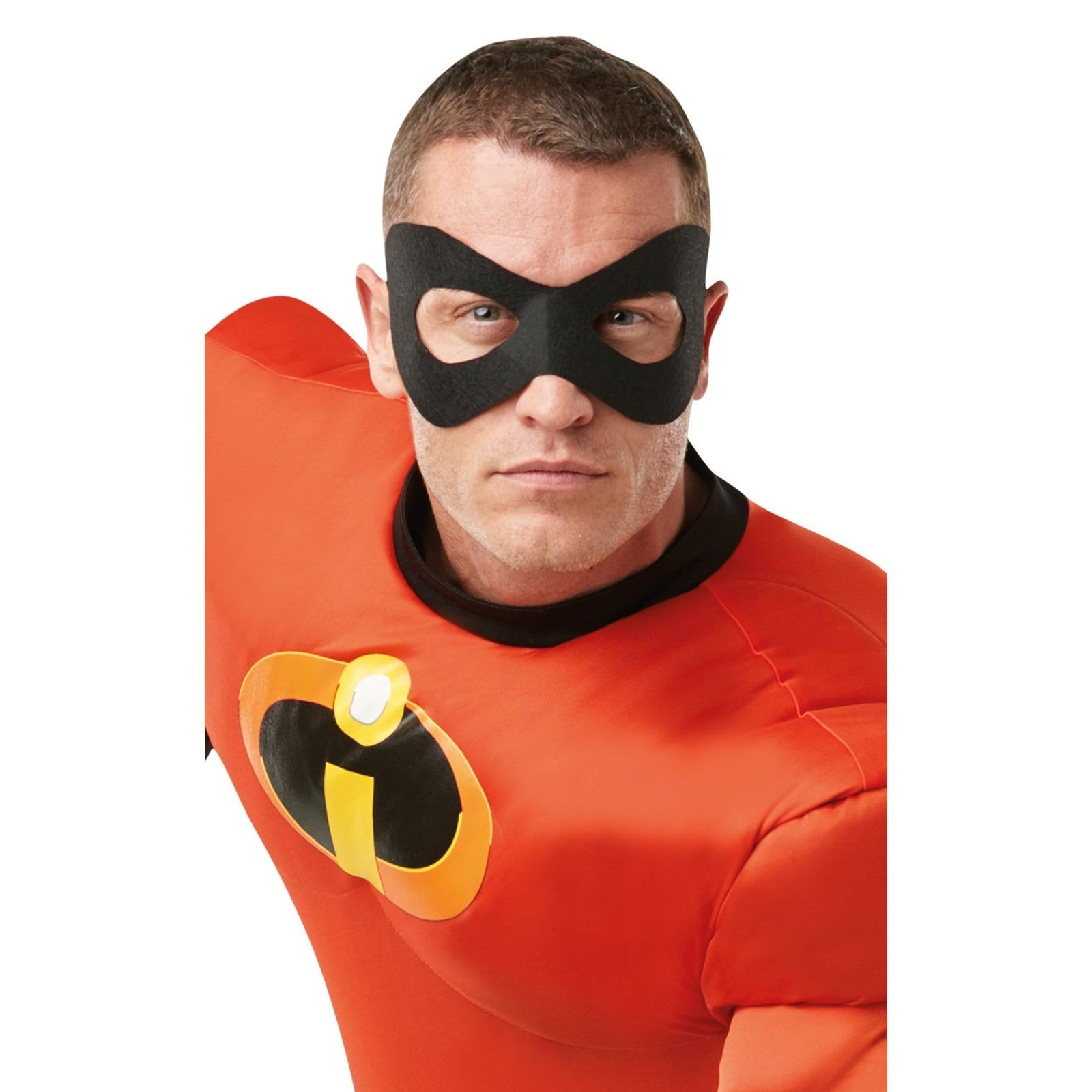 Black and red jumpsuit with muscle padding and eye mask