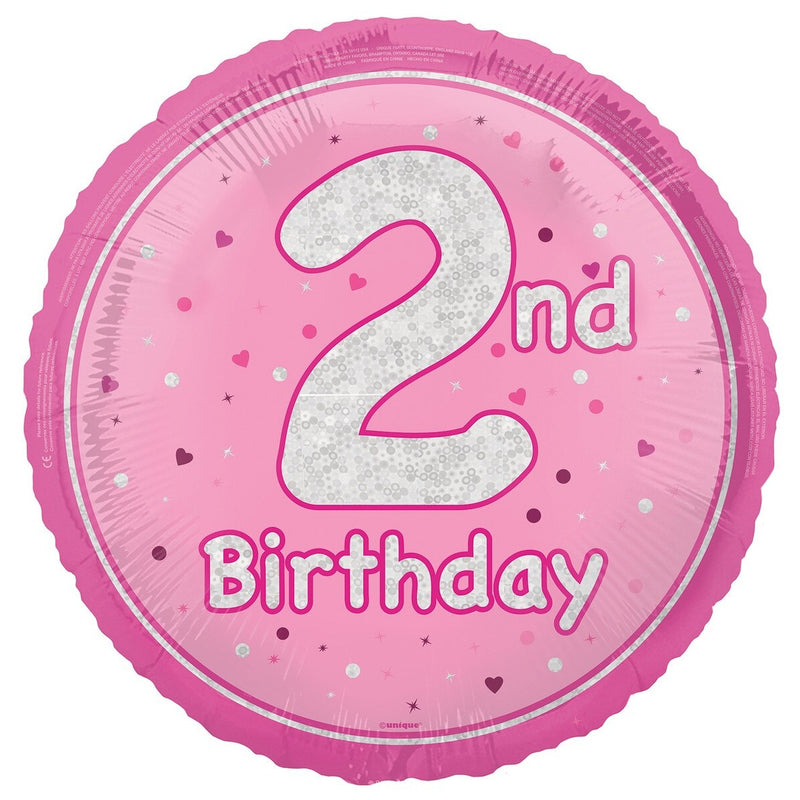 2nd Birthday Pink Holographic Glitter Round Foil Balloon - 45cm