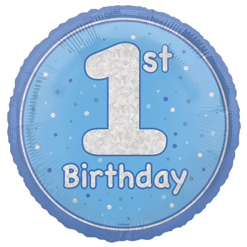 1st Birthday Blue Holographic Glitter Round Foil Balloon - 45cm