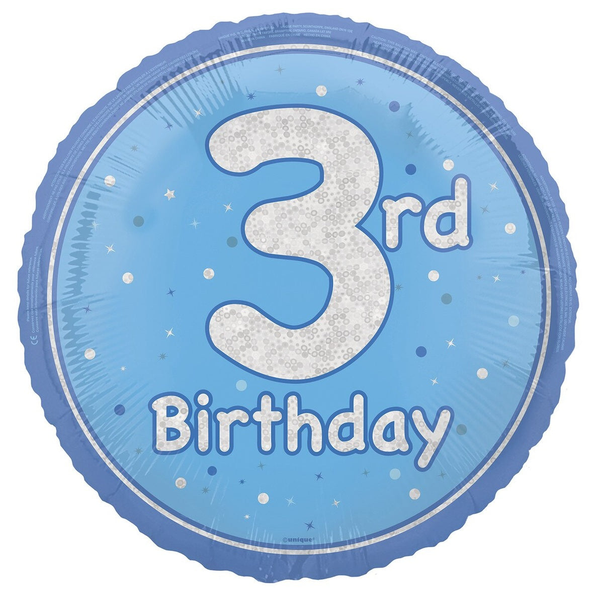 3rd Birthday Blue Holographic Glitter Round Foil Balloon - 45cm