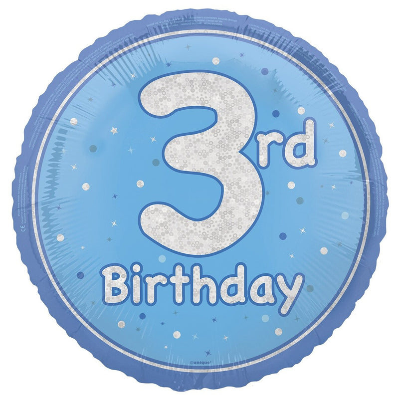 3rd Birthday Blue Holographic Glitter Round Foil Balloon - 45cm
