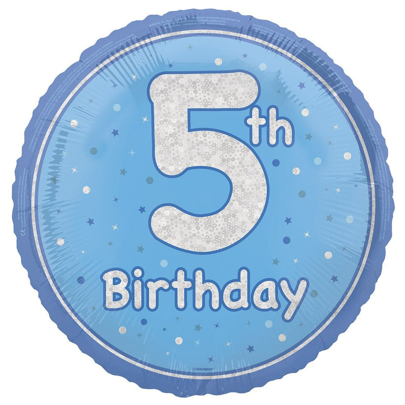 5th Birthday Blue Holographic Glitter Round Foil Balloon - 45cm