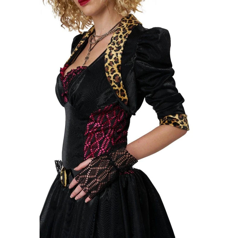 A model wearing a black gothic-style costume dress with leopard print trim, a red beaded corset-style bodice panel, black lace fingerless gloves, and a black skirt against a plain white background.