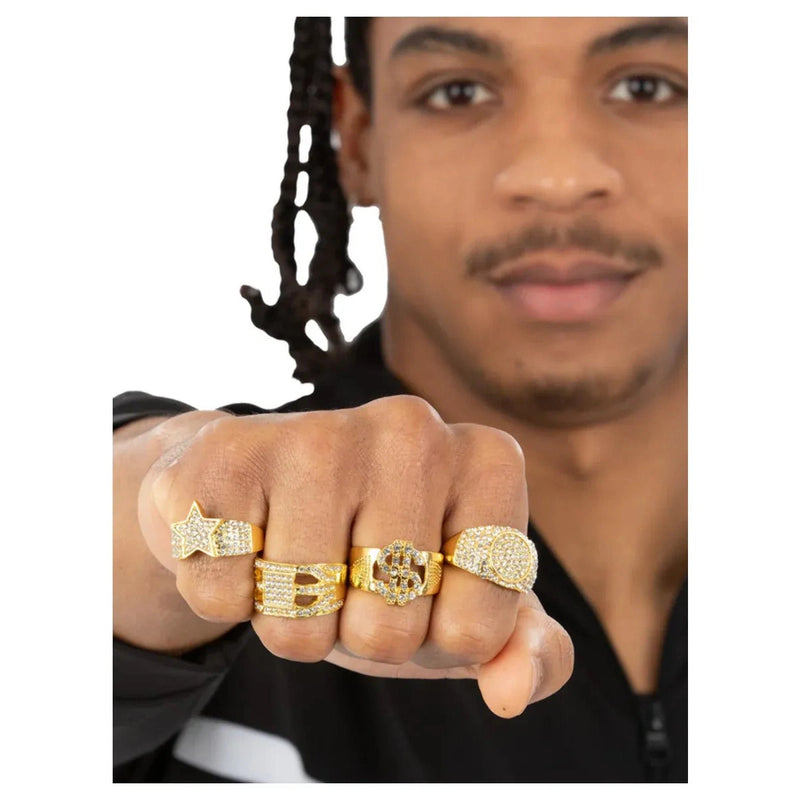 90s Gold & Diamond Bling Rings, 4Pk