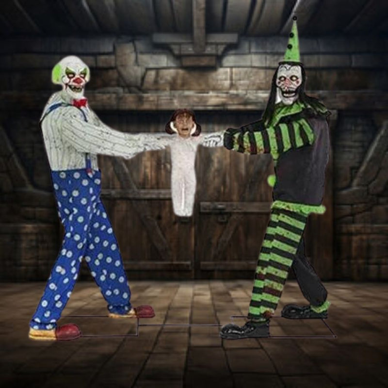 Animated Tug Of War Clowns in Green and Black with Entertaining Facial Expressions and Colorful Costumes