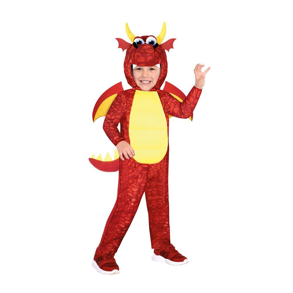 Red Dragon Boys Costume featuring a detailed dragon scale pattern and fearsome horned hood for Halloween