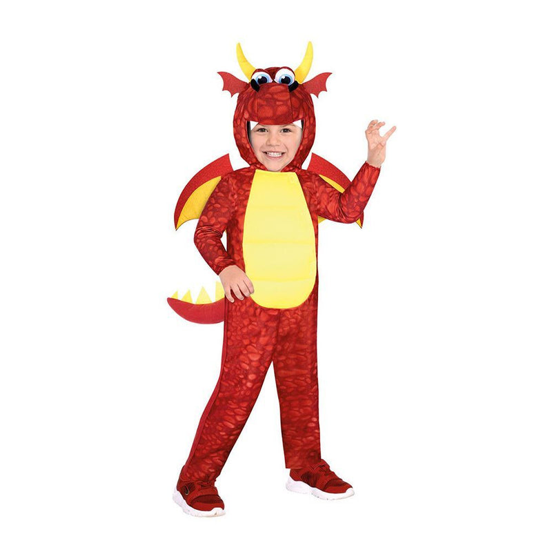 Red Dragon Boys Costume featuring a detailed dragon scale pattern and fearsome horned hood for Halloween