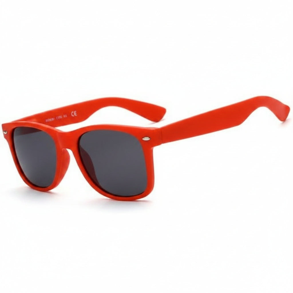 Bright orange sunglasses with dark gray lenses, shown against a plain white background.