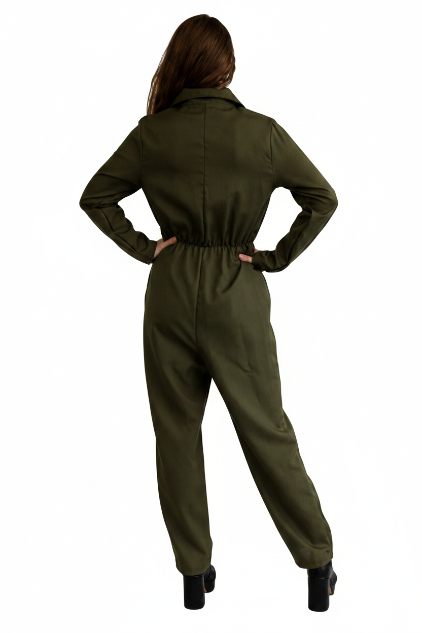 A woman shown from the back wearing an olive green one-piece jumpsuit, with her hands on her hips, set against a plain white background.