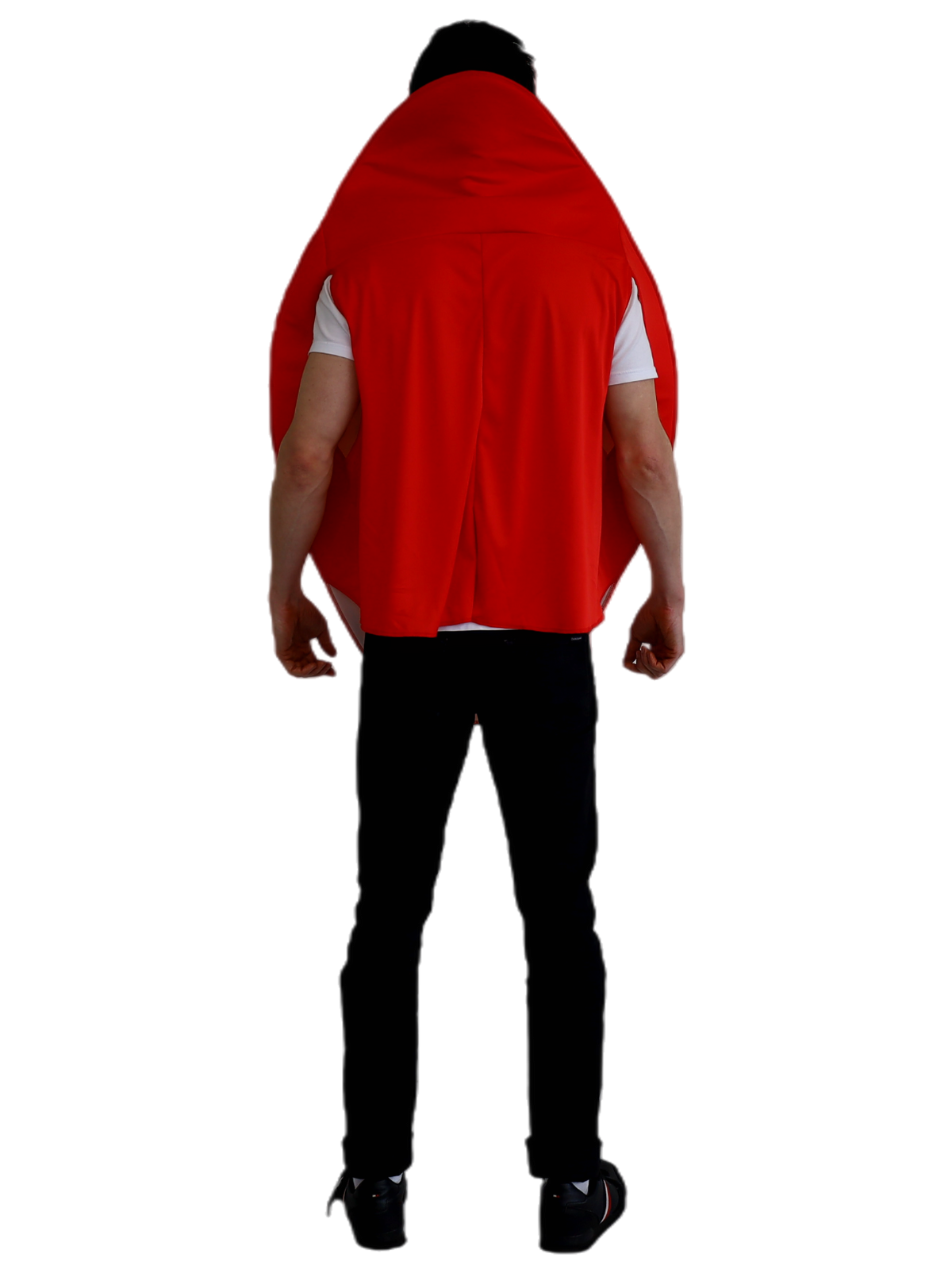 Person wearing a red cape over a white shirt on a white background