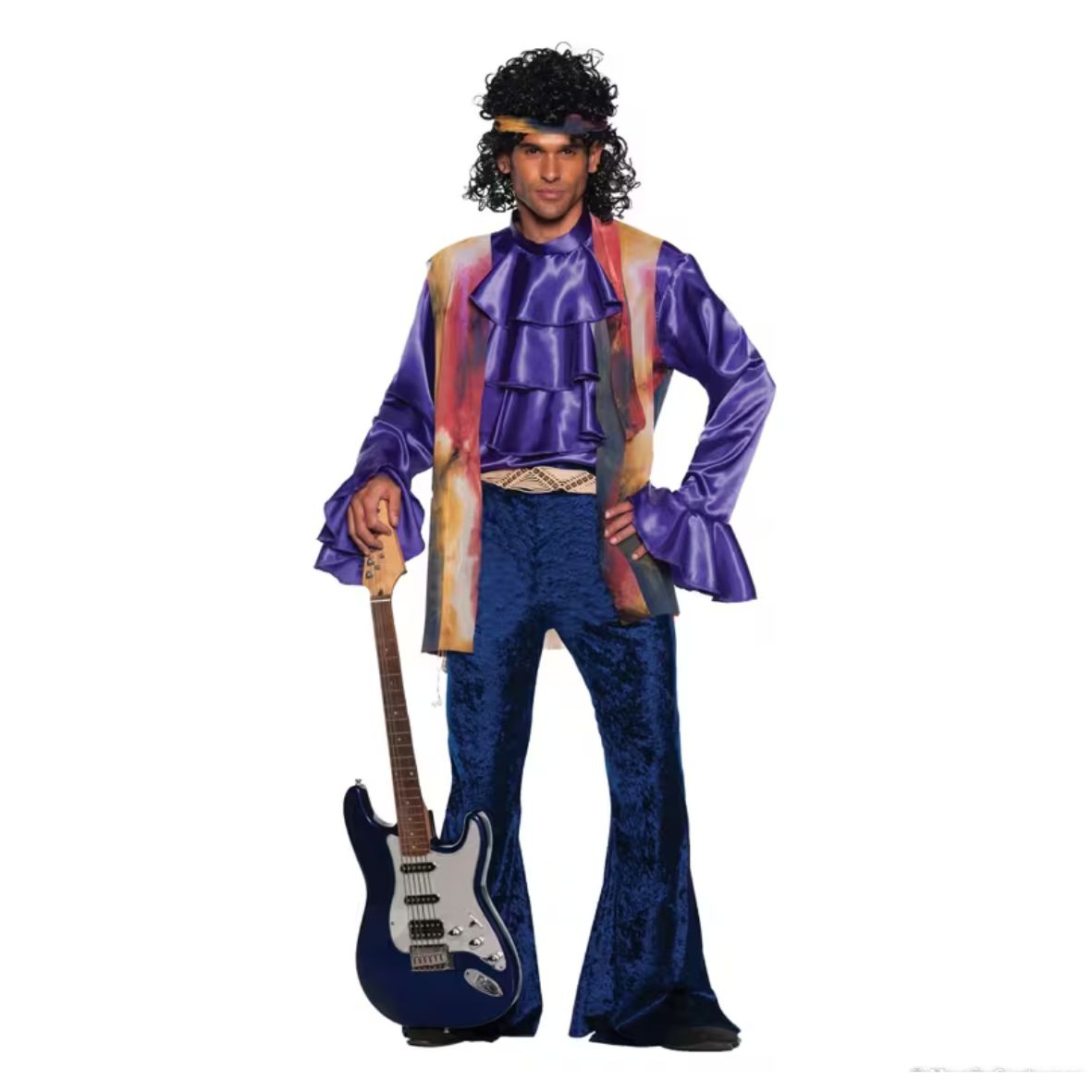 Person wearing a colorful costume with a guitar on a white background