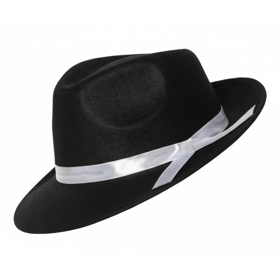 A black fedora hat with a wide brim and a shiny silver band around the crown, isolated on a white background.