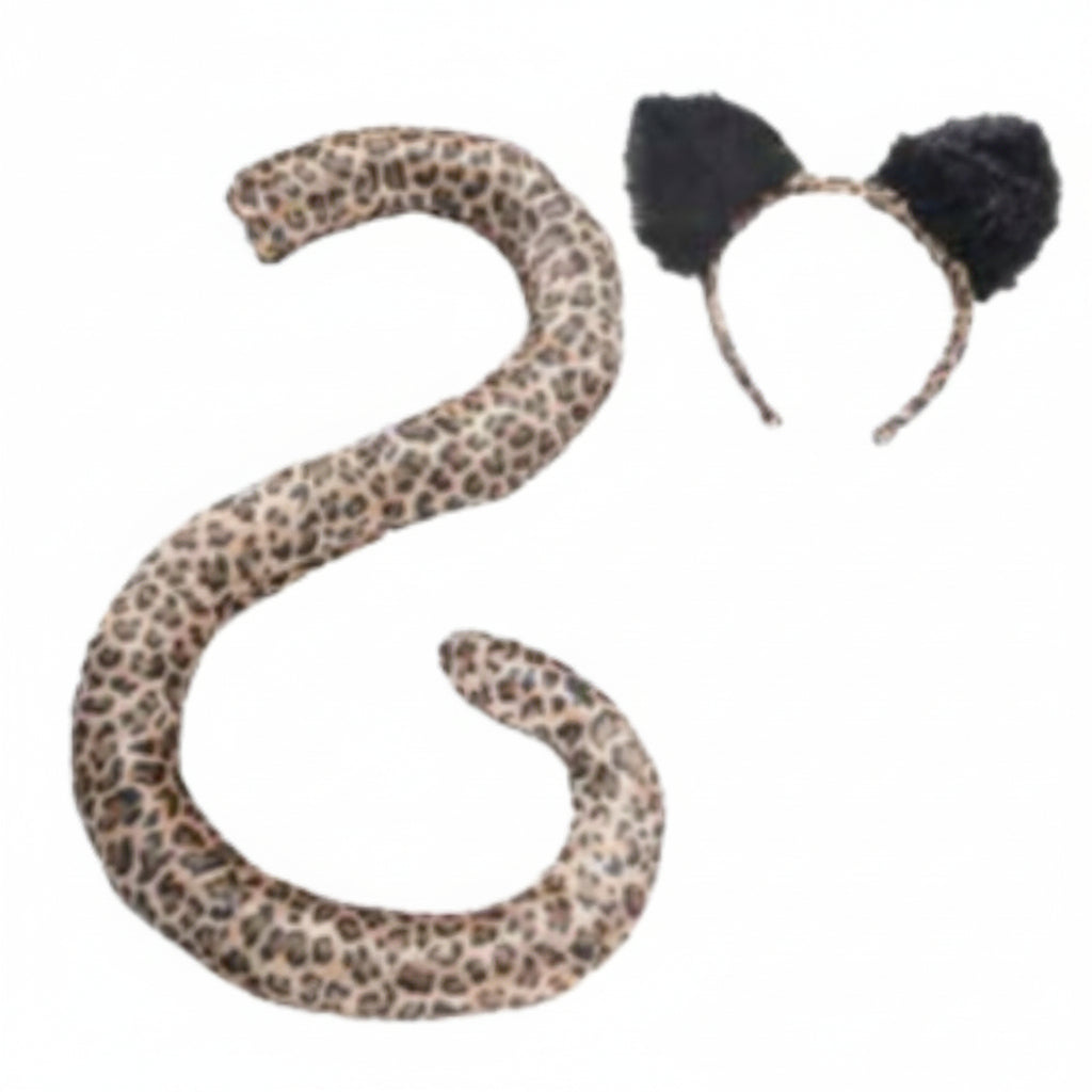 A leopard-print snake costume accessory and a matching headband with black faux-fur ears, shown on a plain white background.